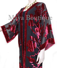 Red Long Kimono Jacket Silk Burnout Velvet No Fringe Maya Matazaro