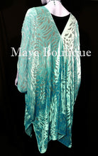 Maya Matazaro Aqua Ombre Camellia Burnout Velvet Caftan Kimono Jacket Hand Dyed