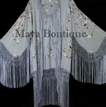 Maya Matazaro Embroidered Silk Fringe Jacket Kimono Silver Gray Birds & Flower