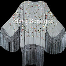 Maya Matazaro Embroidered Silk Fringe Jacket Kimono Silver Gray Birds & Flower