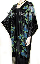 Tea Roses Caftan Kimono Burnout Velvet Black Blue Usa Made Maya Matazaro