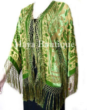 Green & Gold Fringe Jacket Kimono Silk Burnout Velvet Short Maya Matazaro