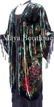 Silk Velvet KIMONO Opera Coat Duster Beaded Black Multi Peacock Maya Boutique