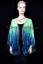Burnout Velvet Silk Fringe Jacket Kimono Hand dyed Green Teal Maya Wearable Art