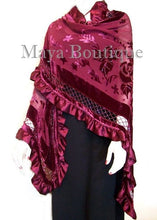 BURGUNDY Shawl Scarf Wrap Silk Burnout Velvet Triangle Ruffles Maya Matazaro