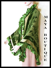 Silk Shawl Wrap Beaded Burnout Velvet Green Triangle Satin Ruffles Maya Matazaro