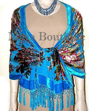 Turquoise Wrap Scarf Shawl Silk Burnout Velvet English Rose Beaded Maya Matazaro