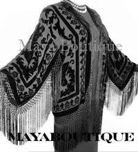 Black Kimono Silk Burnout Velvet Fringe Jacket Short Maya Matazaro Made in USA