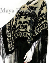 Poncho Kimono Fringe Top Shawl Beige & Black Silk Burnout Velvet Maya Matazaro