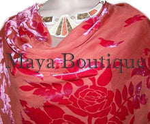Coral Silk Burnout Velvet Piano Shawl Wrap Fringed Scarf Maya Matazaro
