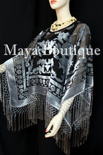 Poncho Shawl top With Fringe Silver Gray Black Burnout Velvet Maya Matazaro