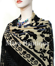 Silk Piano Shawl Wrap Scarf Burnout Velvet Beige & Black Maya Matazaro