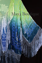 Burnout Velvet Silk Fringe Jacket Kimono Hand dyed Green Teal Maya Wearable Art