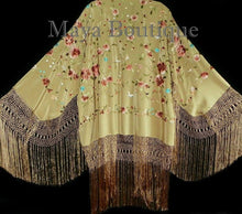 Maya Matazaro Embroidered Silk Fringe Jacket Kimono Coat Wheat Multi Short