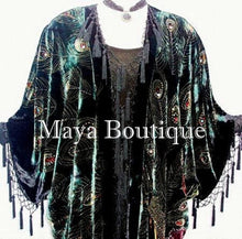 Silk Velvet KIMONO Opera Coat Duster Beaded Black Multi Peacock Maya Boutique