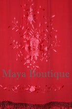 Red Embroidered Silk Wrap Shawl Scarf Oblong with Fringes Maya Matazaro
