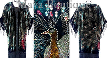 Silk Velvet KIMONO Opera Coat Duster Beaded Black Multi Peacock Maya Boutique