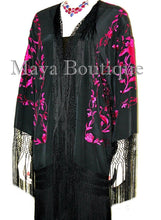 Maya Matazaro Embroidered Silk Fringe Jacket Kimono Black & Fuchsia Short