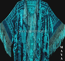 Turquoise Silk Burnout Velvet Fringe Jacket Kimono Duster Maya Wearable Art Plus