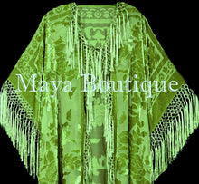 Greenery Green Silk Burnout Velvet Fringe Jacket Kimono Duster Maya Matazaro
