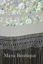 Flamenco Embroidered Silk Piano Shawl Wrap Pastels Flower Birds Greens 90" Maya