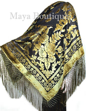 Antique Gold & Black Burnout Velvet Piano Shawl Square Fringed Maya Matazaro