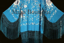 Flamenco Embroidered Silk Fringe Jacket Kimono Teal & Gray Short Maya Matazaro