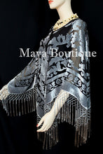 Poncho Shawl top With Fringe Silver Gray Black Burnout Velvet Maya Matazaro