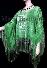 Green Silk Burnout Velvet Poncho Fringe Top Shawl Hand Dyed Maya Matazaro