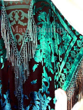 Wearable Art Kimono Caftan Fringe Jacket Silk Burnout Velvet Hand Dyed Teal Blue