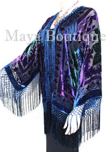 Tye Dye Teal Multi Short Fringe Jacket Kimono Silk Burnout Velvet Maya Matazaro