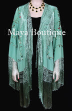 Embroidered Silk Fringe Jacket Kimono Tiffany Green Hand Dyed Maya Matazaro USA