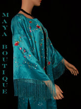 Silk Kimono Duster Coat Kimono All Embroidered & Lined Turquoise Maya Matazaro