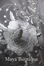 Flamenco Embroidered Silk Piano Shawl Wrap Dusk Gray Floral 84" Maya Matazaro