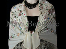 Maya Matazaro Flamenco Embroidered Silk Piano Shawl Wrap Fringed Scarf Beige 84"