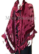 BURGUNDY Shawl Scarf Wrap Silk Burnout Velvet Triangle Ruffles Maya Matazaro