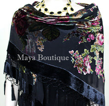 Piano Shawl Scarf Wrap Black Victorian Rose Silk Burnout Velvet Beaded Fringes