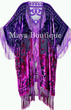 Violet Fuchsia Kimono Caftan Fringe Jacket Silk Burnout Velvet Hand Dyed Maya