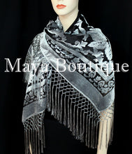 Poncho Shawl top With Fringe Silver Gray Black Burnout Velvet Maya Matazaro