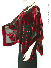 Silk Burnout Velvet Poncho Kimono Top Ruby Red & Black No Fringe Maya Matazaro