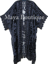 Lace & Burnout Velvet Kimono Caftan Jacket Duster Black Maya Matazaro Plus