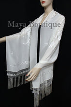 Ivory Embroidered Silk Wrap Shawl Scarf Oblong with Fringes Maya Matazaro
