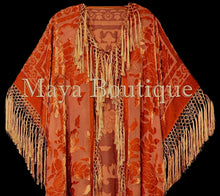 Maya Matazaro Orange Kimono Fringe Jacket Opera Coat Silk Burnout Velvet