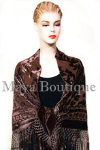 Maya Matazaro Piano Shawl Scarf Fringe Wrap Silk Burnout Velvet Chocolate Brown
