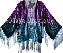 Maya Matazaro Art to Wear Burnout Velvet Kimono Jacket Hand Dyed Teal Purple