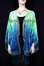 Burnout Velvet Silk Fringe Jacket Kimono Hand dyed Green Teal Maya Wearable Art