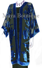 Blue Long Kimono Jacket Silk Burnout Velvet No Fringe Maya Matazaro