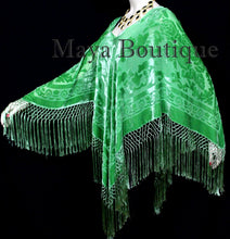 Green Silk Burnout Velvet Poncho Fringe Top Shawl Hand Dyed Maya Matazaro