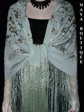 Maya Matazaro Flamenco Embroidered Silk Piano Shawl Wrap Sage Green 84"