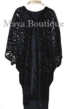 Black Camellia Burnout Velvet Caftan Kimono Duster Jacket Maya Matazaro USA Made